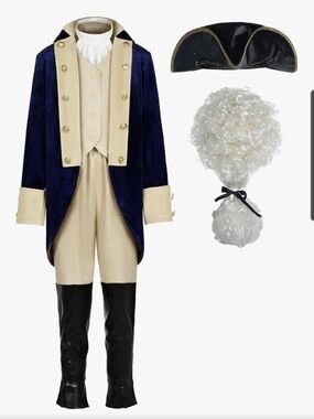 Kids Colonial Navy & Cream Revolutionary Costume with Tricorn Hat and Wig